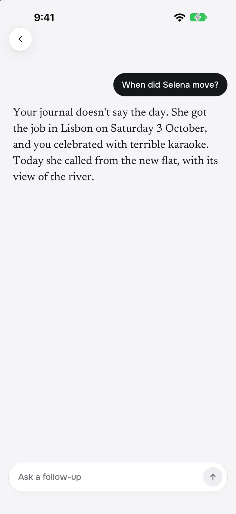 Find answering “When did Selena move?” from the journal’s own moments.
